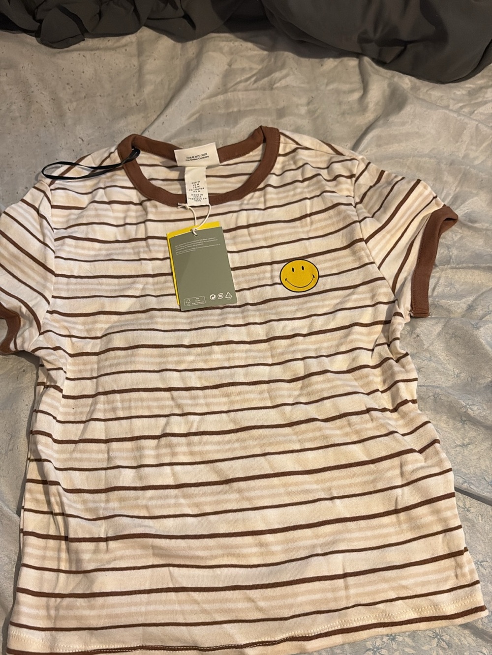H&M Cream and Brown Striped Tee with Yellow Smiley